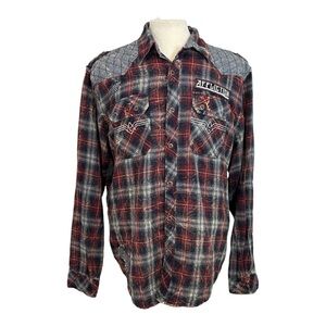 Affliction Motors Black Premium Shirt Men 2XL Burgundy Buttons Plaid Biker Rock